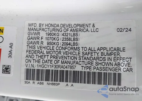 2024 Honda Accord Ex from USA, damaged, VIN 1HGCY1F30RA047857